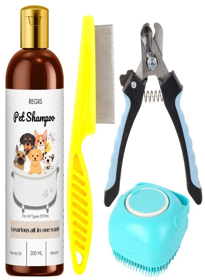 REGIIS Regis Pet Grooming Kit, Dog Shampoo 200ml with Nail Clipper, Flea Comb, Silicone Bath Brush, All-in-One Pet Cleaning Set for Dogs and Cats - Image 1